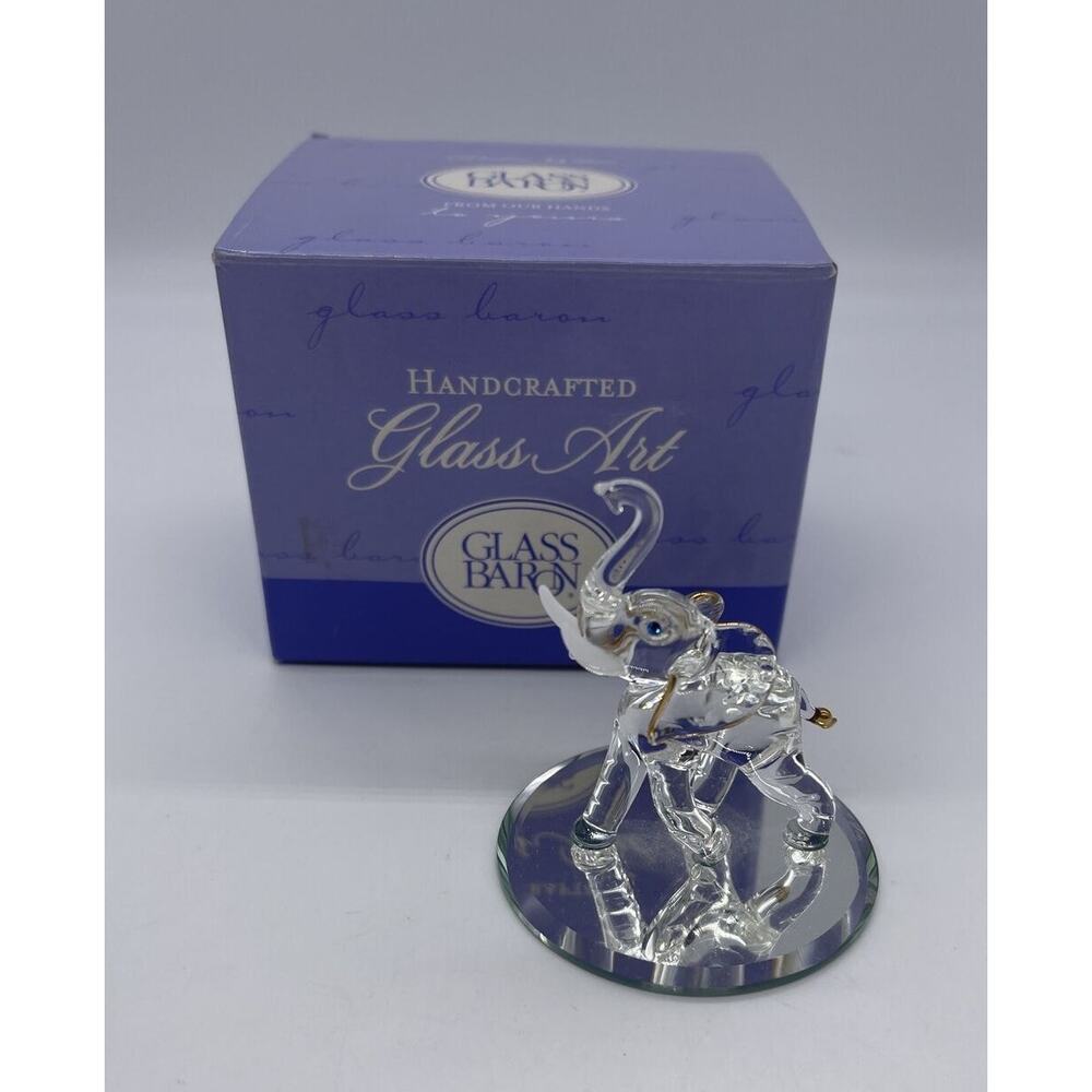 Glass Baron Decorative Mini Elephant Figurine Clear Glass w/ Gold Trim S2 170-K